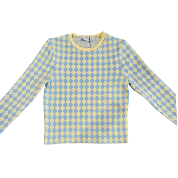 Zara Pastel Blue and Yellow Argyle Top - Picture 3 of 10